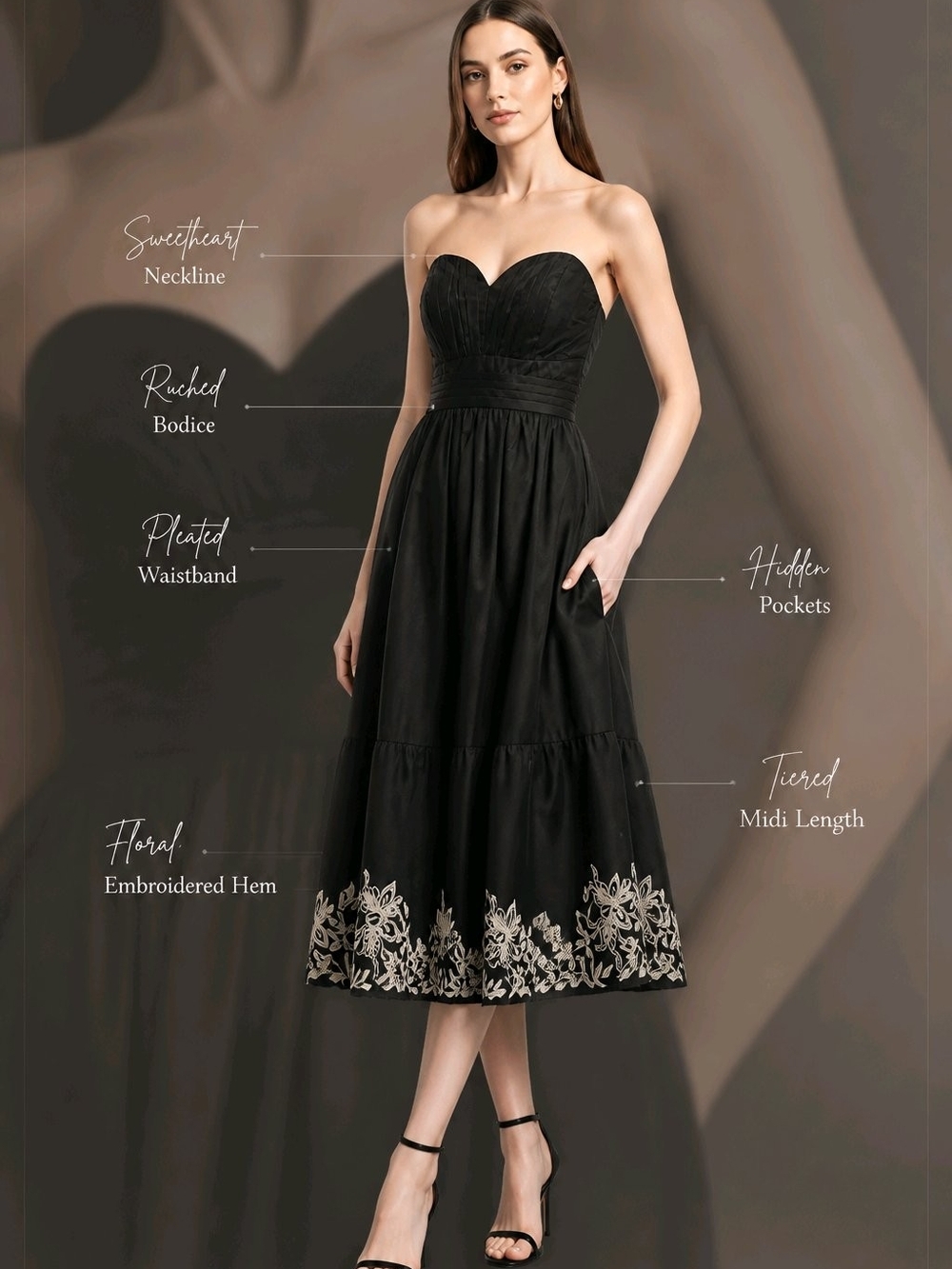 Express Black Strapless Sweetheart Midi Dress with White Embroidered Hem